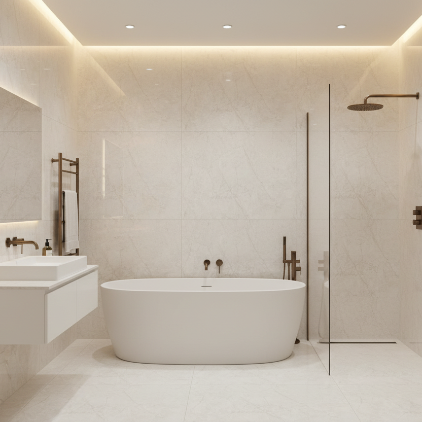 Modern bathroom with a freestanding bathtub, sink, and shower area.