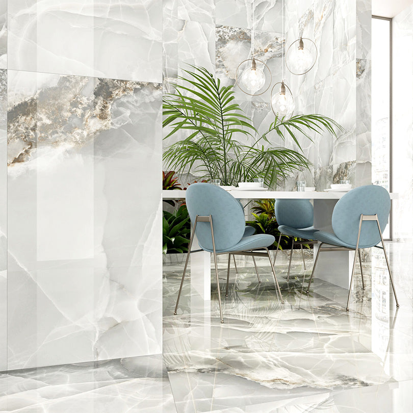 Exotica Light Grey Agate Onyx Dunes Marble Effect Polished Porcelain Tile (Sample)