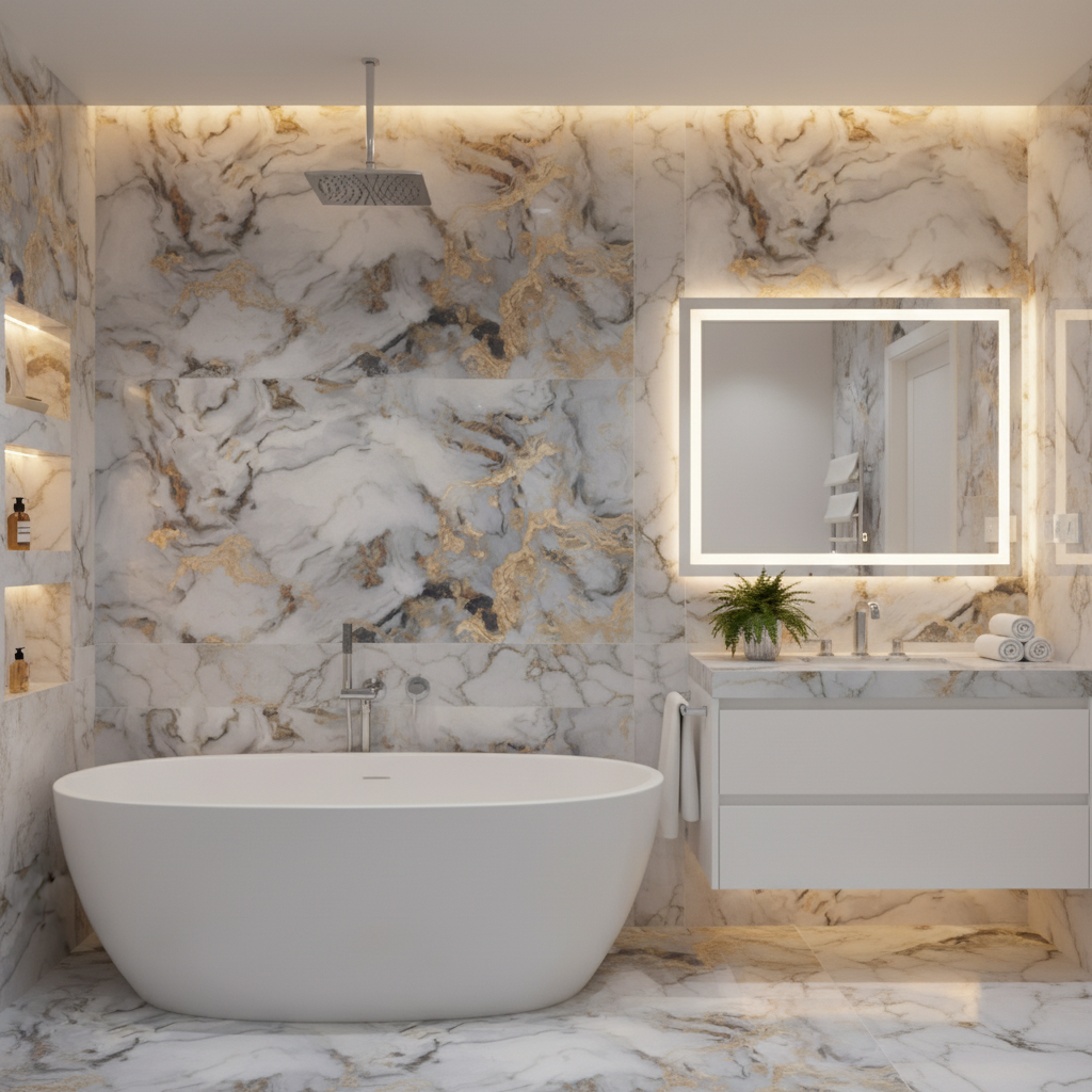 Exotica Sky White and Gold Marble Effect Polished Porcelain Tile
