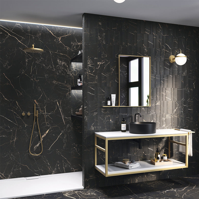 Ovvio Night Lux Black and Gold Marble Effect Matt Porcelain Tile (Sample)