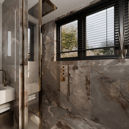 Reve Choco Onyx Effect Polished Porcelain 600x1200 Tile