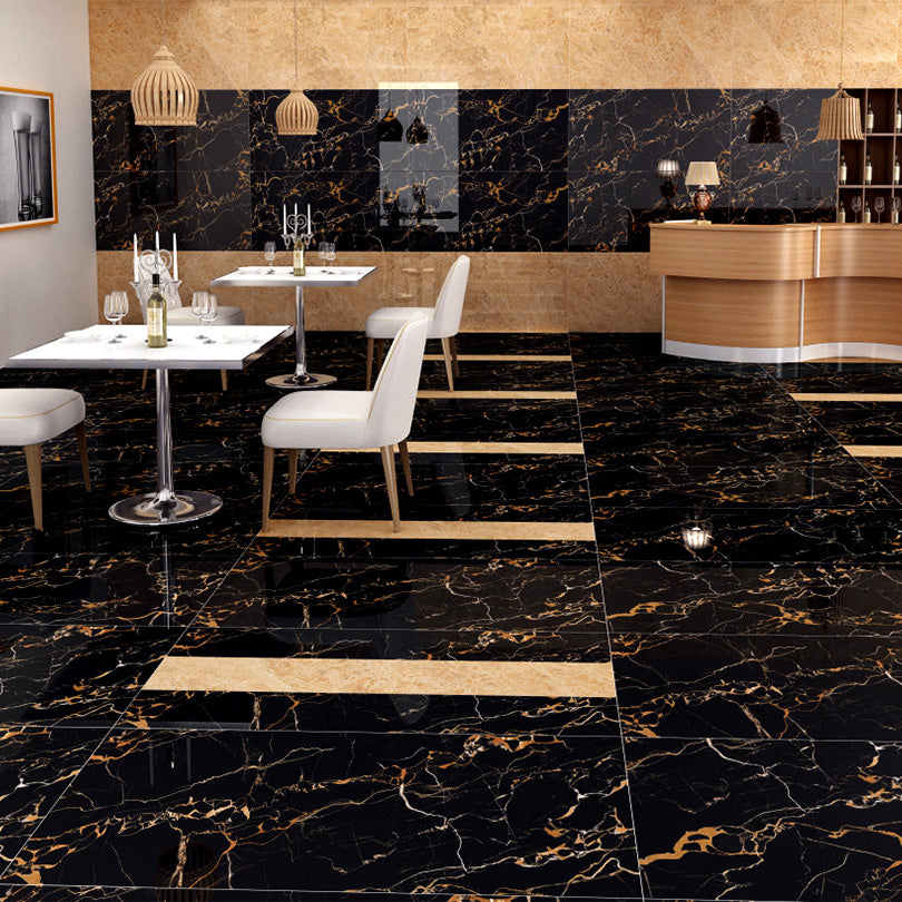 Royal Black & Gold Polished Porcelain Marble Effect Tile | Tilezone