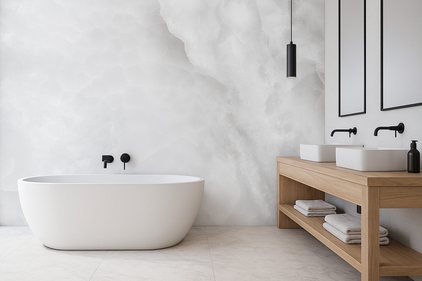 Modern bathroom with a freestanding bathtub, wooden shelf, and marble wall.