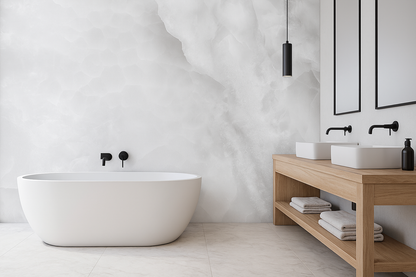 Modern bathroom with a freestanding bathtub, wooden shelf, and marble wall.