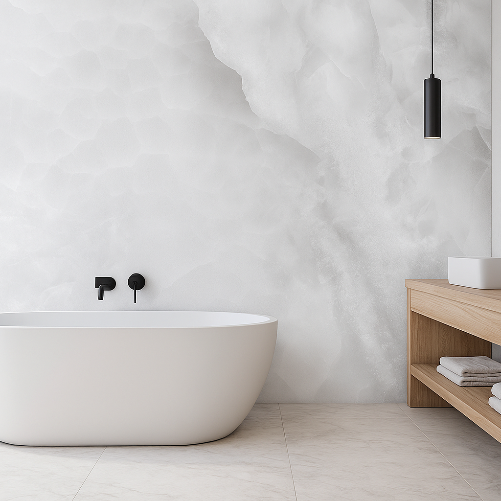 Exuberant Deston White Onyx Marble Effect Polished Porcelain Tiles