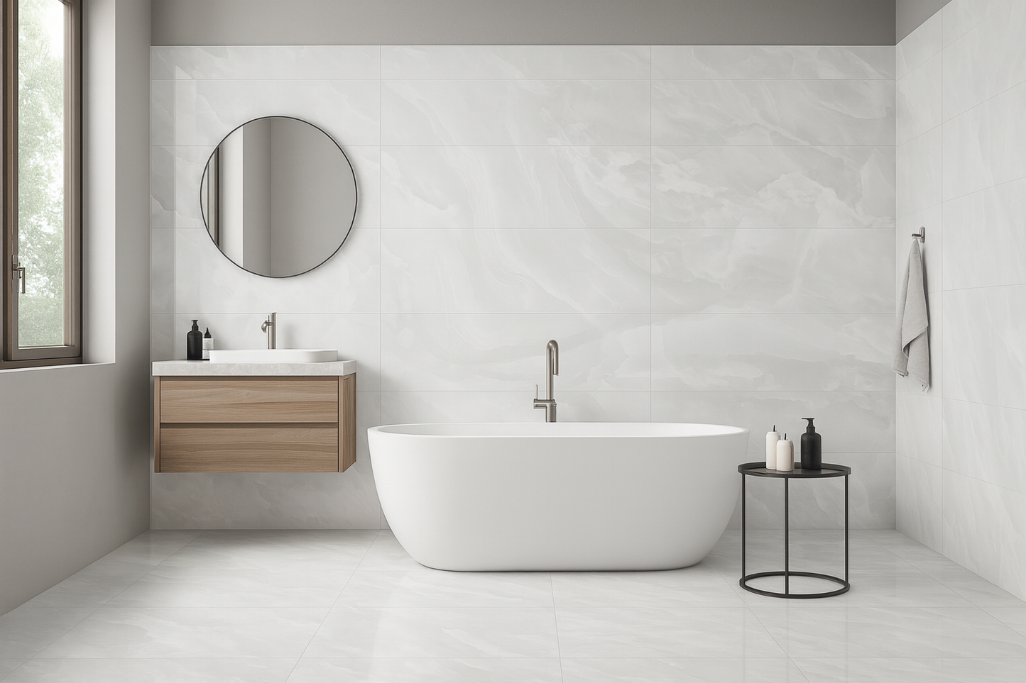 Modern bathroom with freestanding bathtub, sink, and mirror.