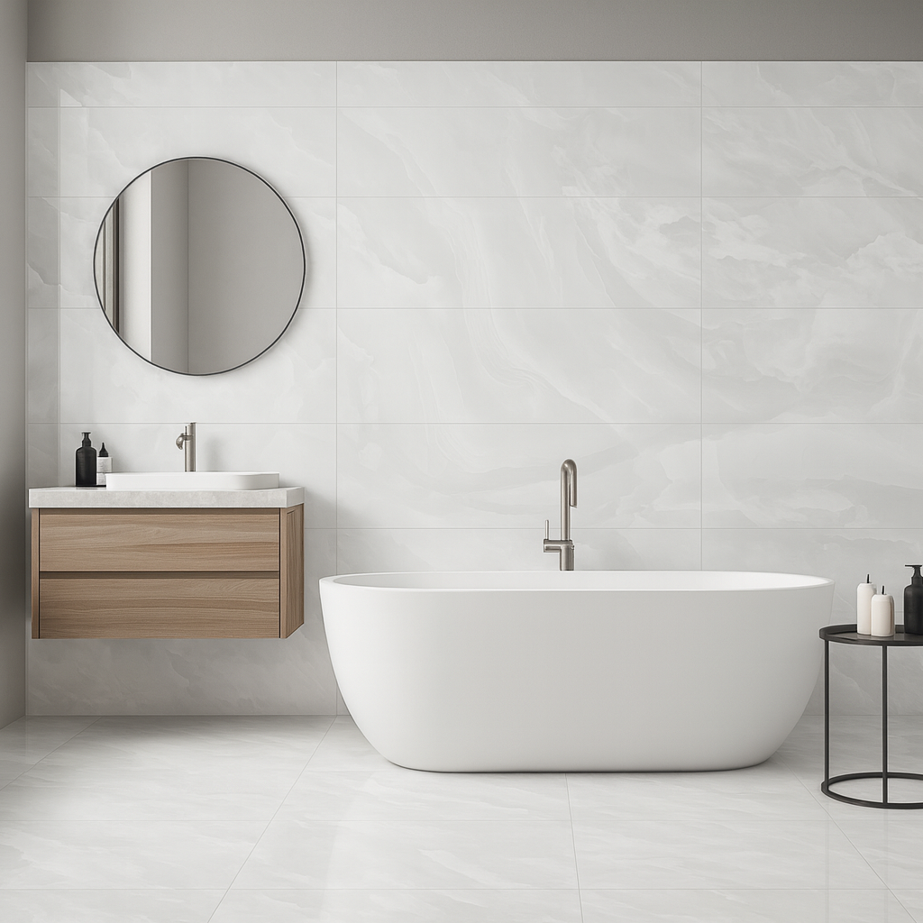 Modern bathroom with a freestanding bathtub, wooden vanity, and round mirror.
