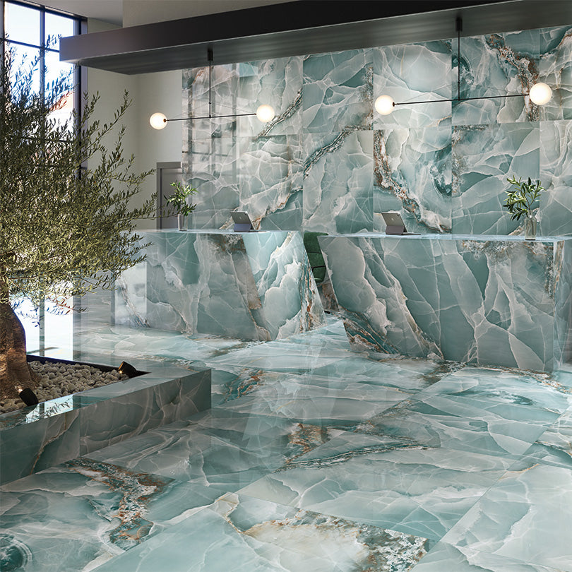 Prestige Turquoise Green Onyx Effect Polished Porcelain Tile