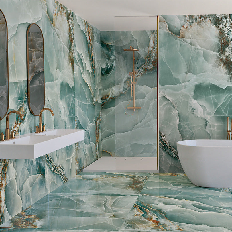 Prestige Turquoise Green Onyx Effect Polished Porcelain Tile