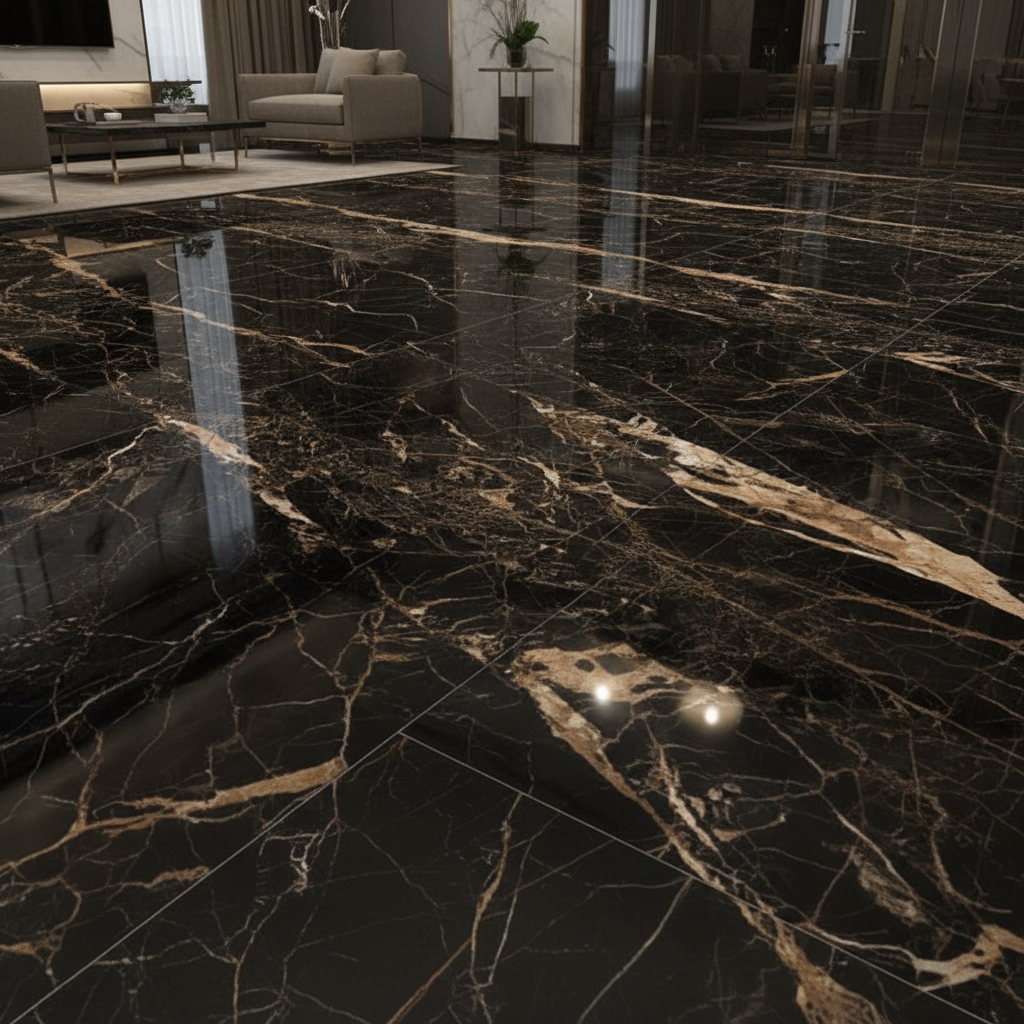 Royal Black & Gold Polished Porcelain Marble Effect Tile