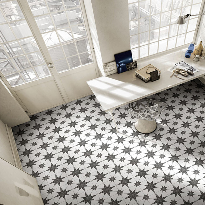 Stella Black Star Pattern Tile 250x250, Star Tile Floor